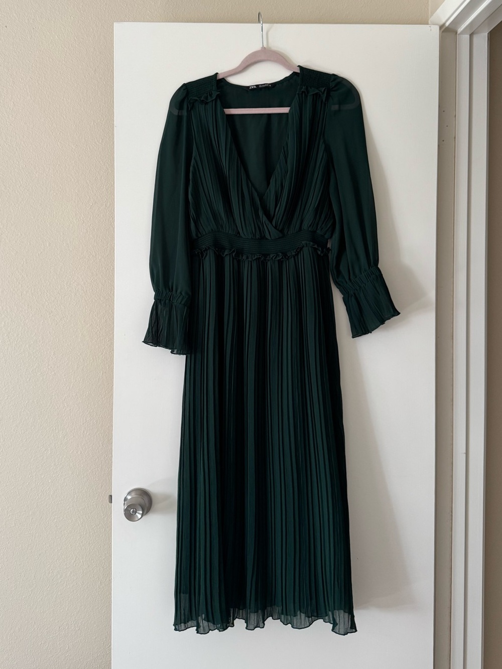 Zara Sheer Sleeve Forest Green Pleated V-Neck Maxi Dress